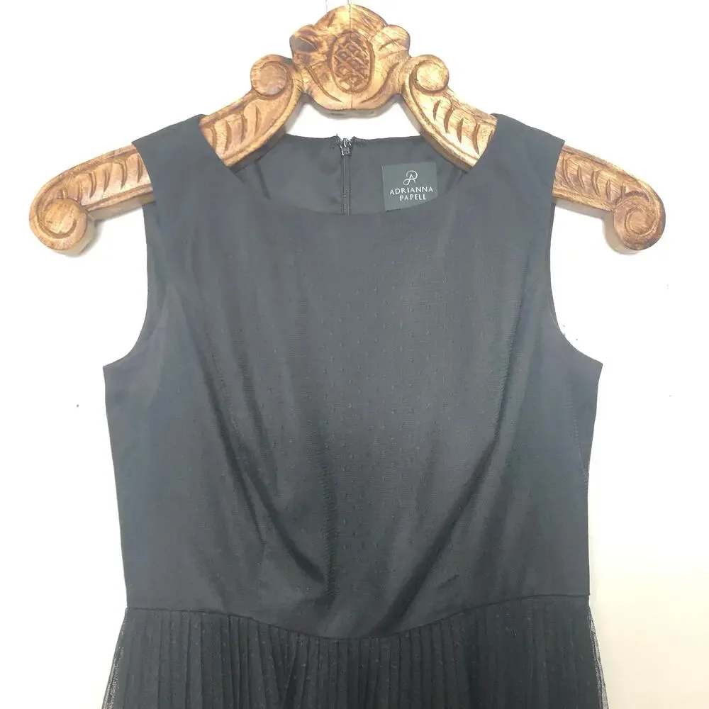 Adrianna Papell Pleated Polka Dot Tulle Black Dress Sleeveless Round Neck 4P